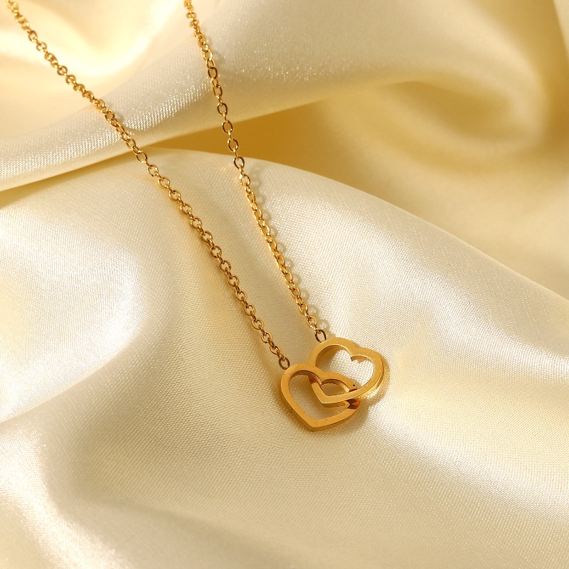 Dây Chuyền Mặt Nhẫn Hình Trái Tim Đôi Bằng Thép Không Gỉ Mạ Vàng 18K Phong Cách Âu Mỹ Thời Trang