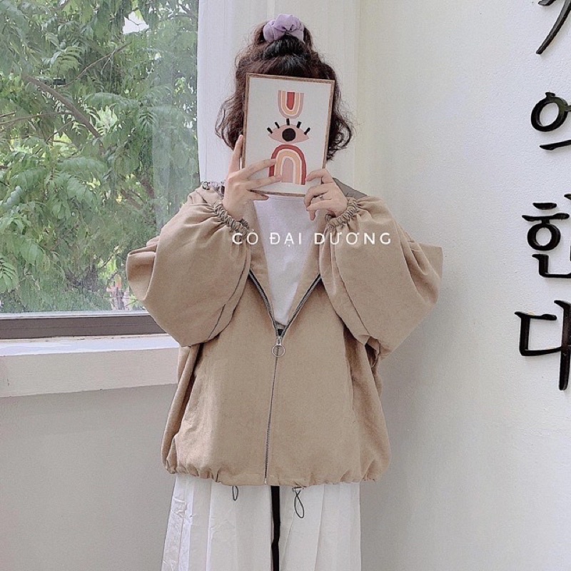 Áo khoác mũ kaki tay bồng