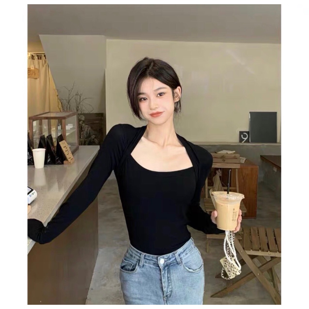 [Ảnh thật] Áo thun gần cổ vuông tay dài
