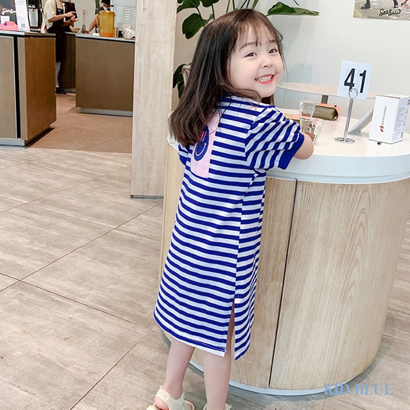 Đầm Ngắn Tay Họa Tiết Sọc Mặt Cười Lưng Vừa Thời Trang Mùa Hè Cho Mẹ Và Bé