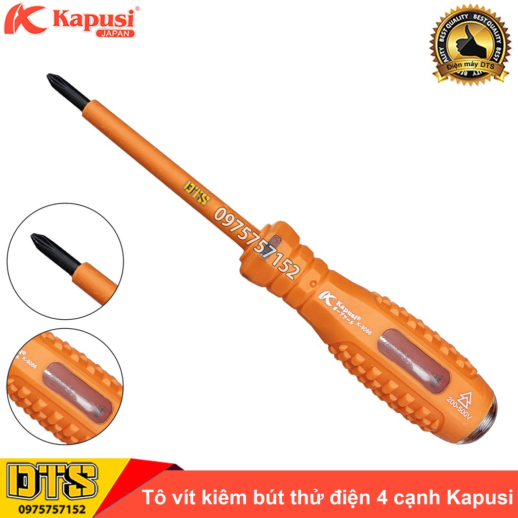 Tua vít cách điện 4 cạnh kiêm bút thử điện chống va đập Kapusi 200-500V K-9086 4x160mm, Tô vít bake kiểm tra dòng điện