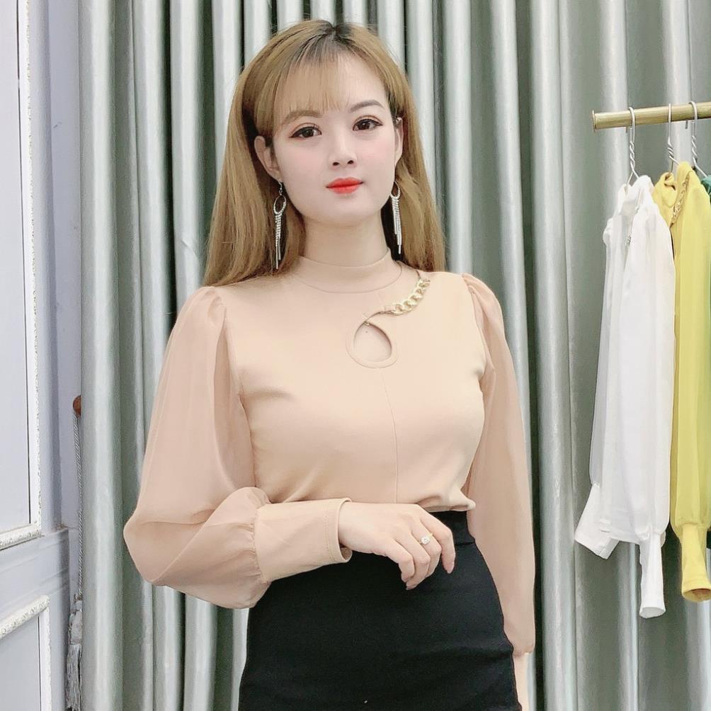 Áo Thun Nữ Công Sở Dài Tay Phối Lụa Cổ Tròn - 4 Màu Be, Xanh, Trắng, Vàng - Thời Trang Nữ Hanlly Fashion - AO76  ྇