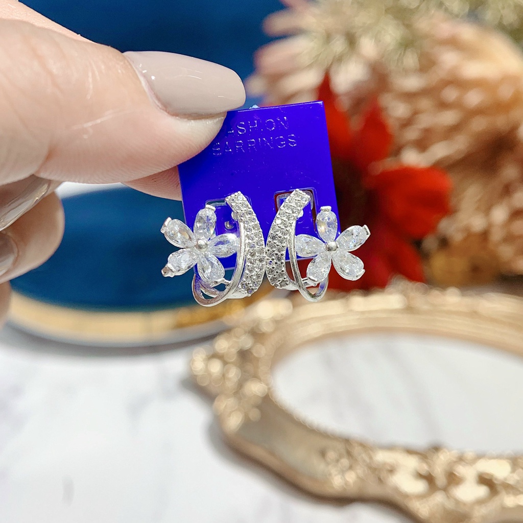 Bông tai bạc nữ PANSY hình hoa ngọc nạm đá sang chảnh, khuyên tai nữ bạc ta cao cấp