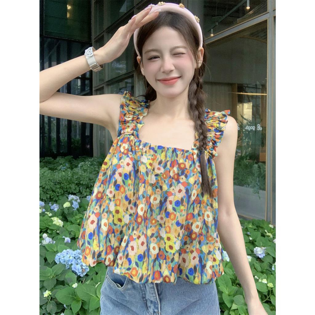 Áo Hai Dây Xếp Ly Họa Tiết Hoa Phong Cách Pháp Ngọt Ngào Y2k Cho Nữ