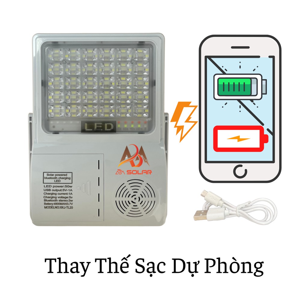 Đèn Năng Lượng Mặt Trời 50W ,Mini Cầm Tay, Kết Hợp Loa Bluetooth, Đèn Cảnh Báo, Sạc Dự Phòng Năng Lượng Mặt Trời - ABM