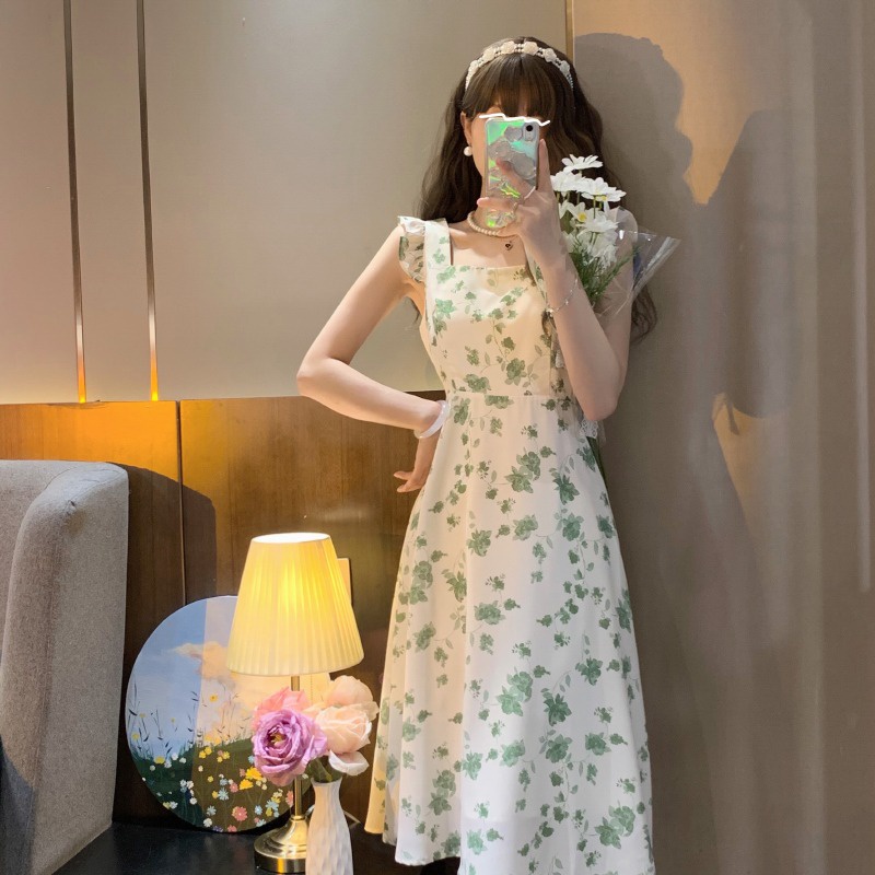 Váy đầm hai dây hoa lá green đi biển du lịch ngọt ngào phong cách Hàn Quốc