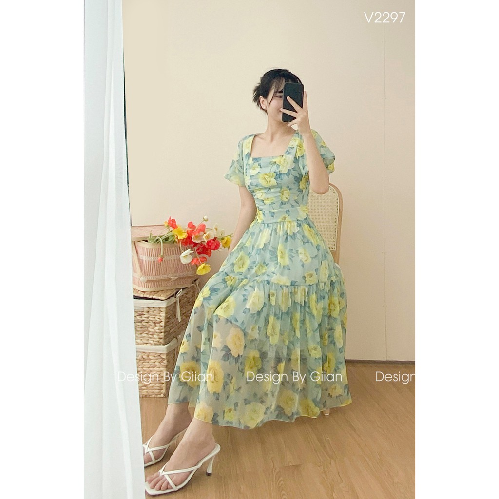 Giian - Váy hoa dáng dài cổ vuông - 𝐌𝐢𝐧𝐚 𝐃𝐫𝐞𝐬𝐬 - thiết kế chính hãng - V2297 | BigBuy360 - bigbuy360.vn