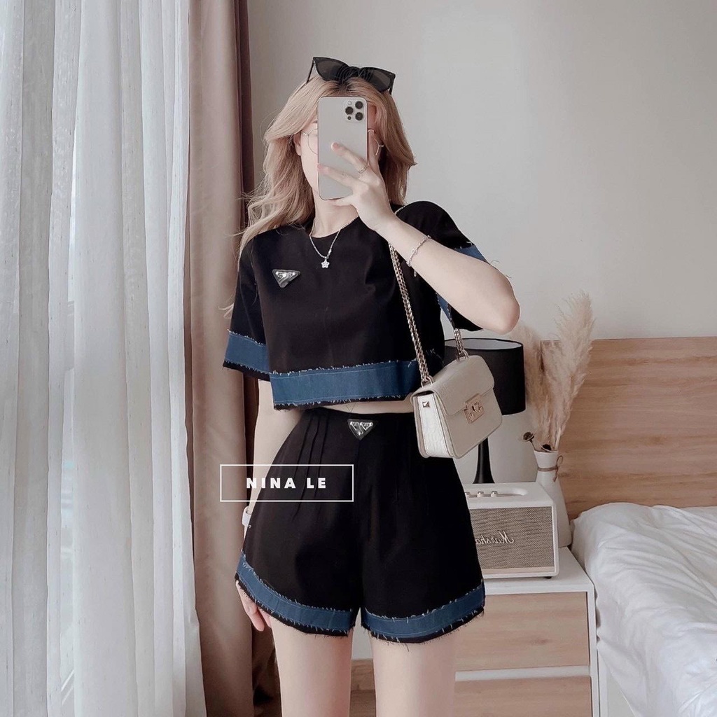 Set Áo Croptop và quần Short phối DENIM - Hàng VNXK bao đẹp