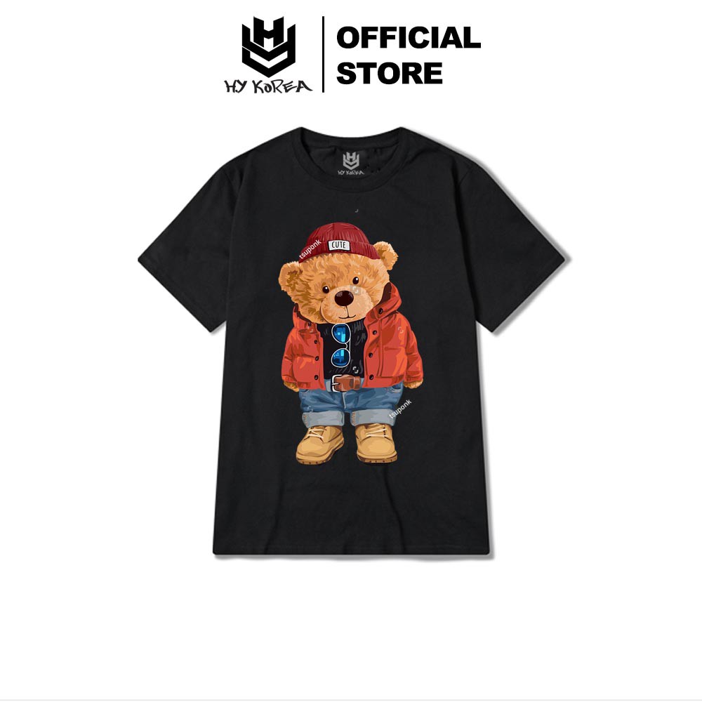Áo Phông Rộng HY KOREA Tay Lỡ Nam Nữ Unisex Dễ Thương In Hình Gấu Đội Nón Cute 195