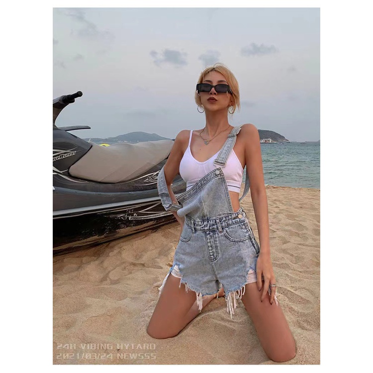 Quần yếm denim ngắn lưng cao rách mới Hàn quốc thời trang jumpsuit nữ