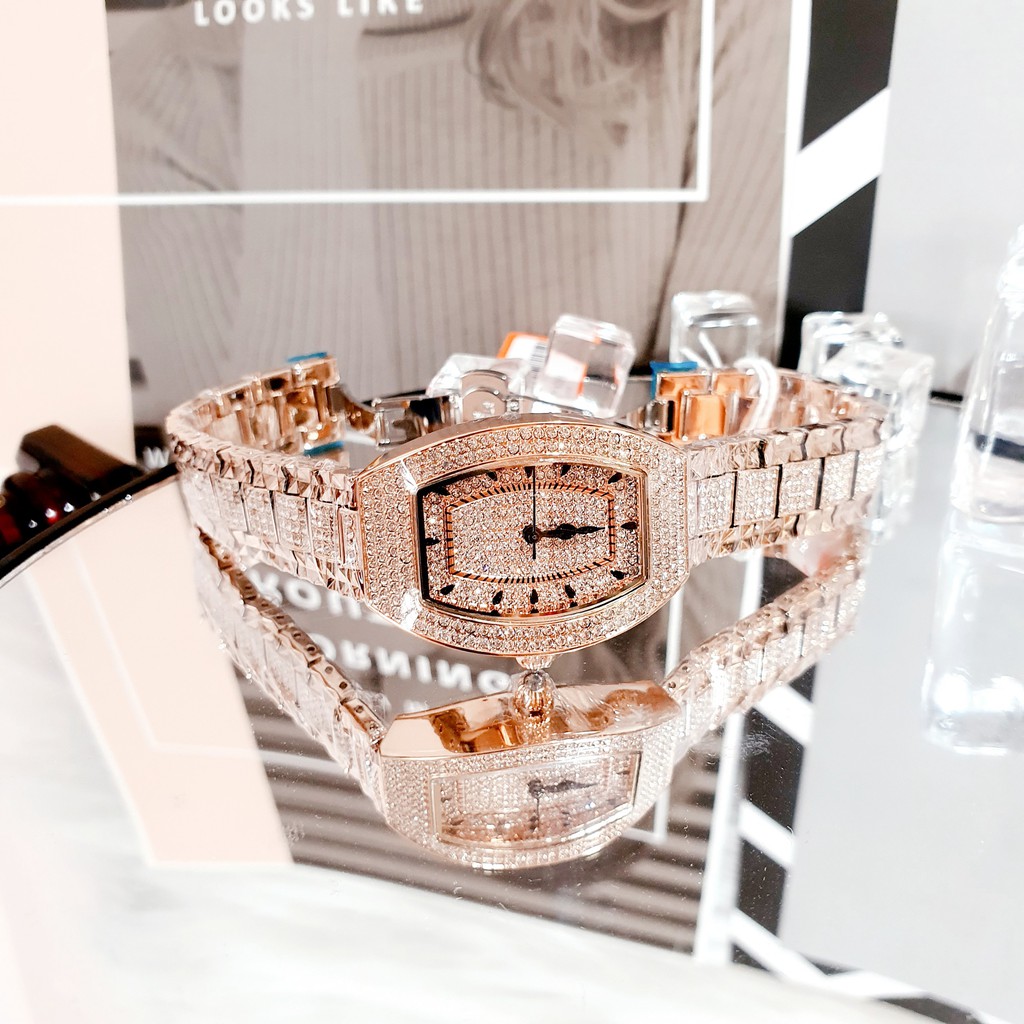 Đồng Hồ Nữ Davena Mặt Bầu Full Đá Rose Gold 34mm Authentic