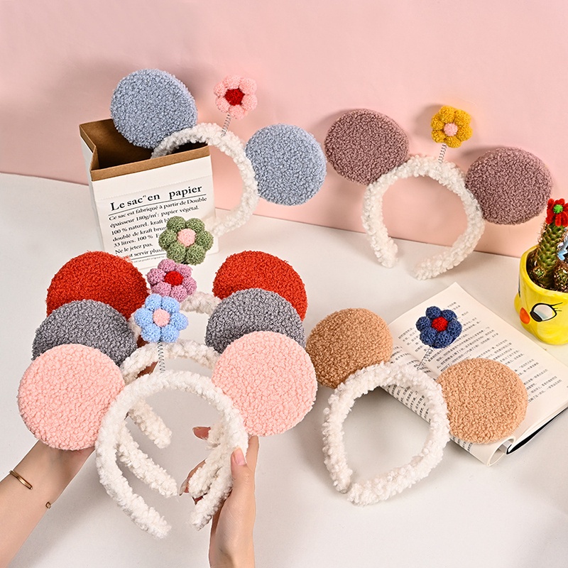 Băng Đô Cài Tóc Hình Tai Chuột Mickey Đính Hoa Dễ Thương Cho Nữ