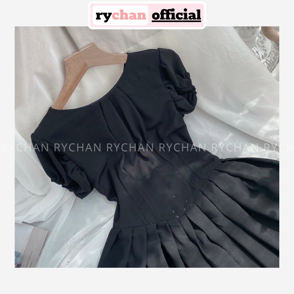 Đầm Xòe Đen Chiết Eo Tay Phồng Xếp Ly  - DX0023