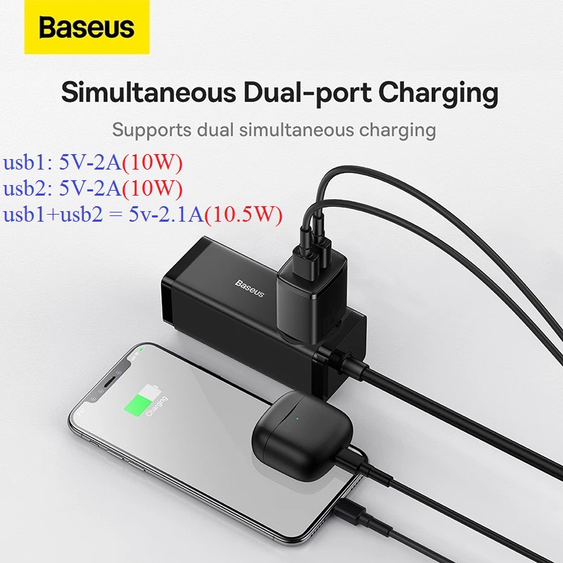 Củ sạc 5V-2A 10W Baseus 2 cổng sạc usb sạc nhanh Xs Xr Xsmax 8plus 7plus 6plus