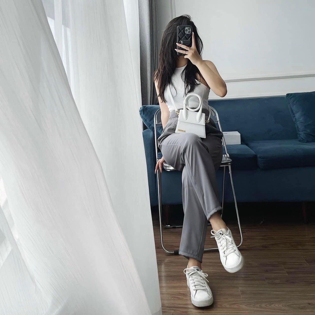 Quần baggy nữ vải ruby cạp chun lung cao có dây rút mã mới thời trang nữ-mã 148