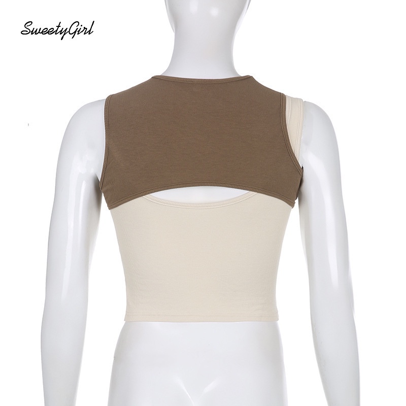 Áo Tank Top Cổ Tròn Màu Tương Phản Thời Trang 2022 Quyến Rũ Cho Nữ