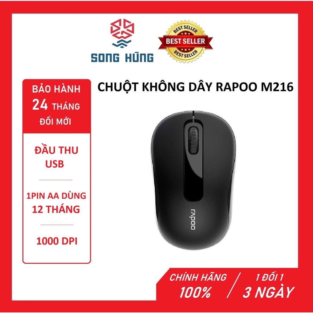 Chuột Không Dây Rapoo M216-  MÀU ĐEN - 1000DPI - HÀNG CHÍNH HÃNG - BẢO HÀNH 24 THÁNG ĐỔI MỚI