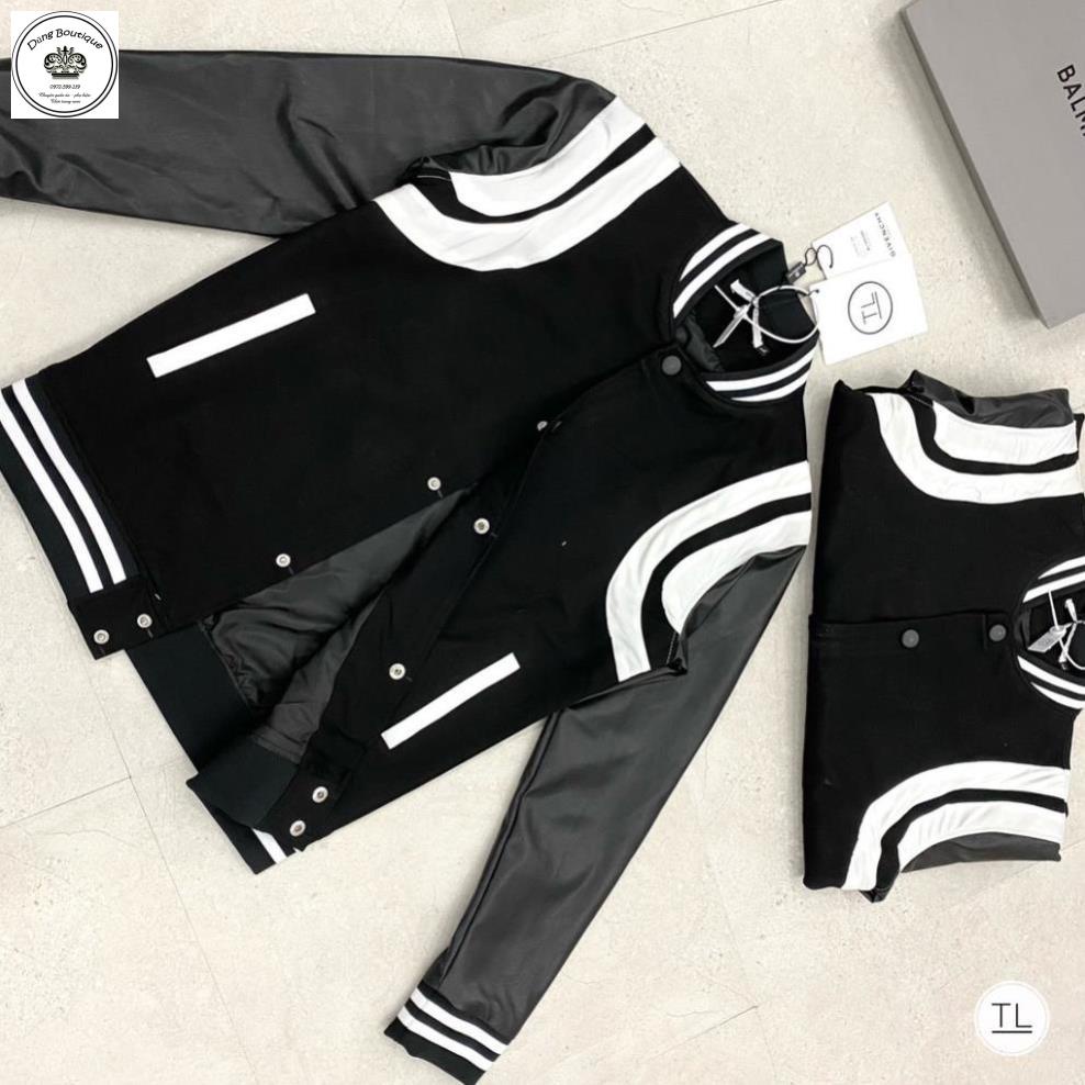 Áo bomber dạ 2 lớp phối tay da Cao Cấp - Áo khoác bomber teddy phối vai viền trắng  ảnh thật shop chụp