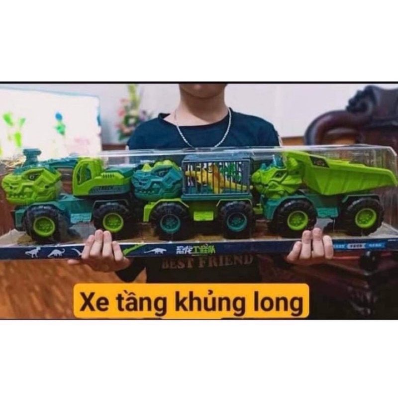 Set 3 Ô Tô Khủng Long Công Trình- Bộ 3 Ô Tô Khủng Long Có Hộp Đựng Cao Cấp xe đồ chơi khủng long cho bé
