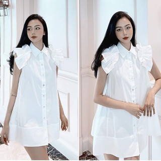 Đầm sơ mi trắng thiết kế dáng suông, tay dún siêu đáng yêu