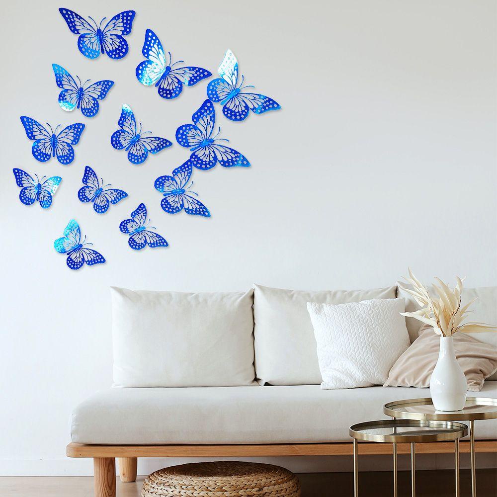 Set 12 Miếng Dán Tường Hình Bướm Màu Đen / Xanh Dương Độc Đáo Trang Trí Phòng Khách / Tiệc