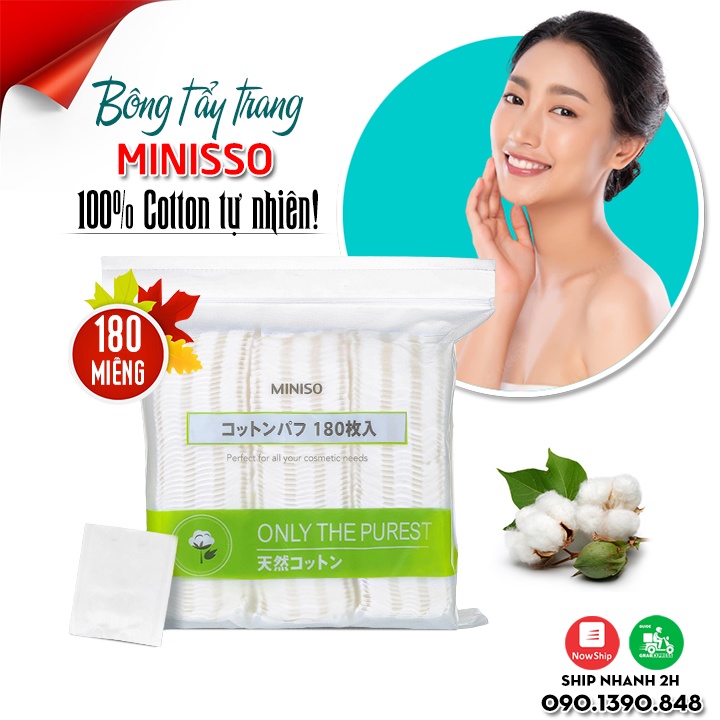 Bông Tẩy Trang Miniso (Gói 180 Miếng) ⚡Hàng Nhật 100%⚡- Chiết Xuất 100% Cotton Tự Nhiên Giúp Lau Sạch Cặn Bẩn Trên Da
