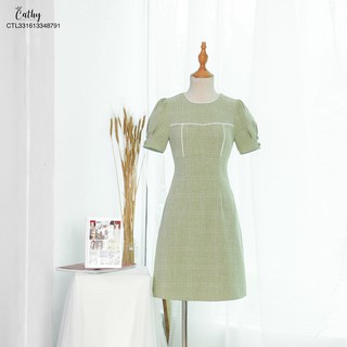 Đầm phom A Cathy Clans cổ tròn viền trắng - xanh cốm