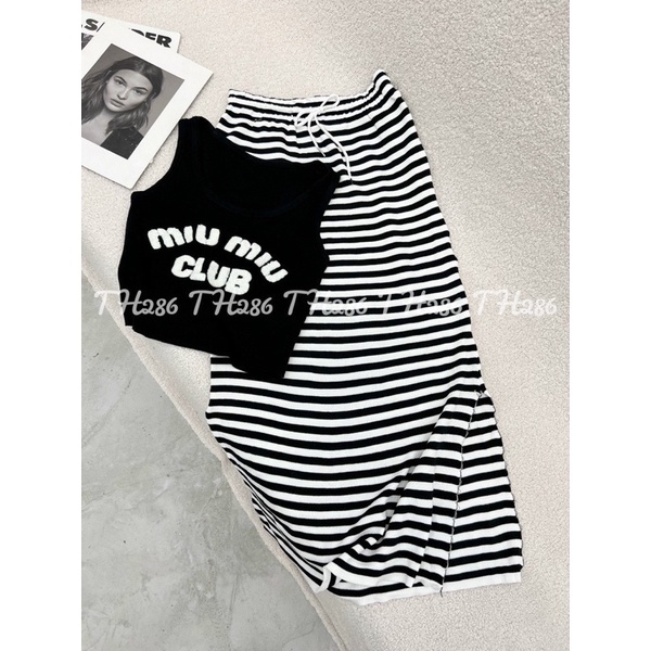 Set len miu miu áo tanktop chân váy maxi kẻ ngang