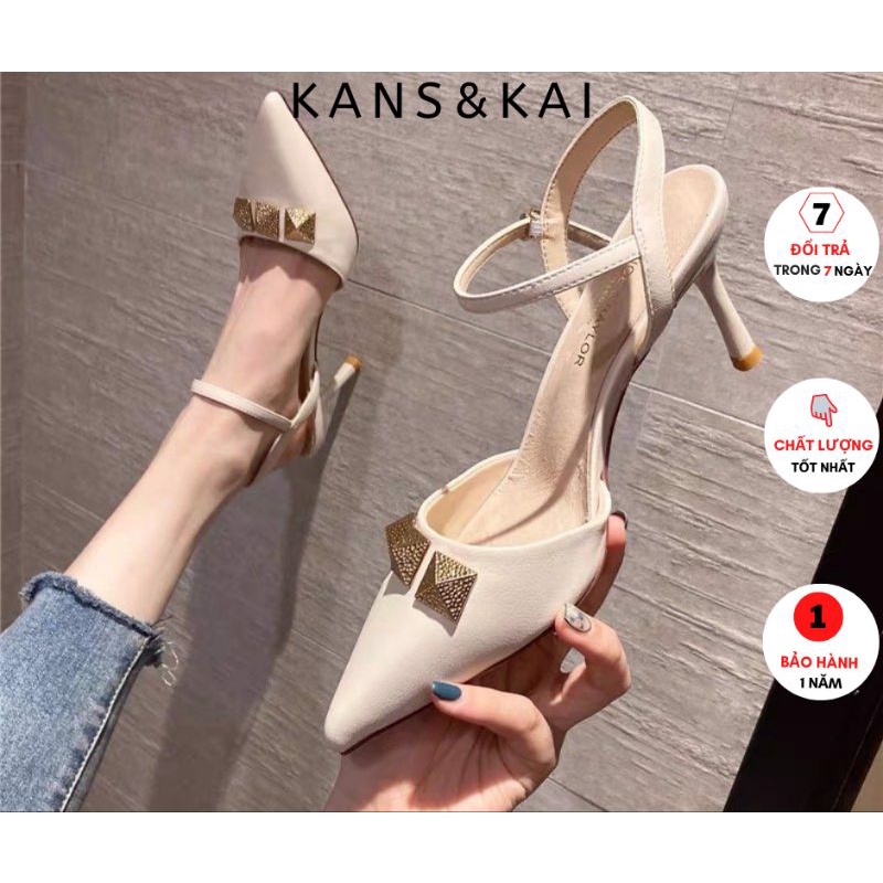 Giày sục quai hậu mũi nhọn KANS & KAI, giày hở gót đế nhọn 7cm da trơn phối họa tiết siêu đẹp 187-59