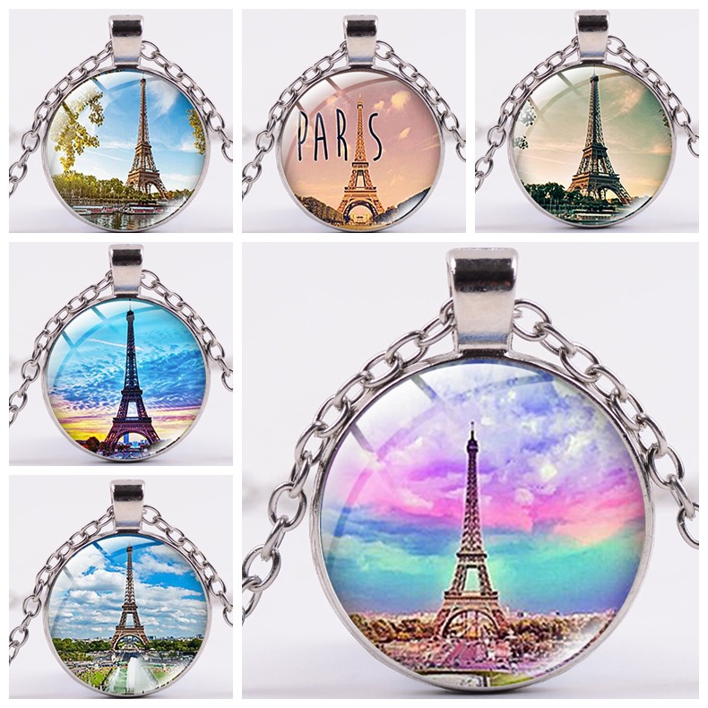 Hot selling Eiffel Tower time gem necklace alloy glass pendant fashion jewelry sweater chain batch