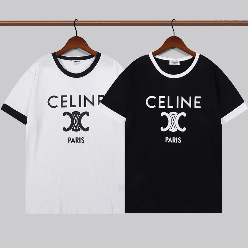 ❤ Celin-----E Áo Thun Cotton Tay Ngắn In Logo Chữ Thời Trang Dành Cho Cặp Đôi
