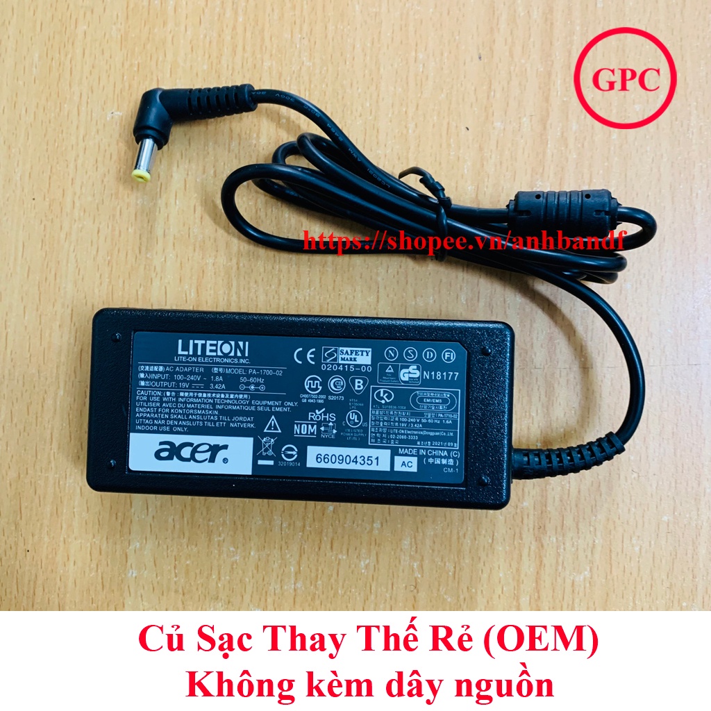 Sạc Laptop Acer 19V-3.42A chân thường, Adapter Laptop Acer (FREE SHIP ĐƠN TỪ 50K)