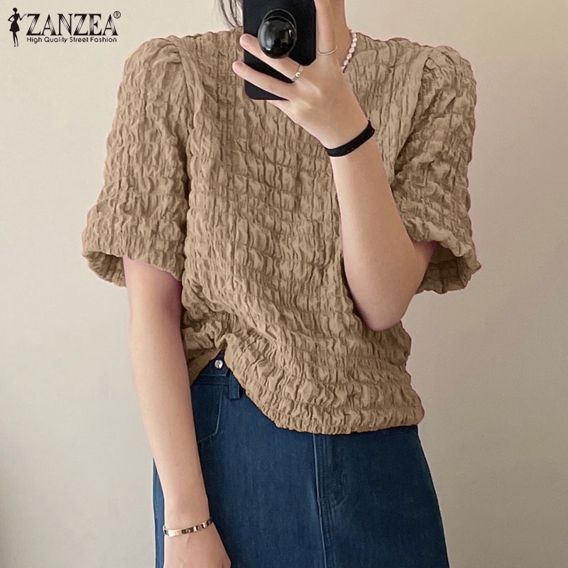 Áo kiểu ZANZEA tay ngắn dáng rộng màu trơn thời trang Hàn Quốc cho nữ