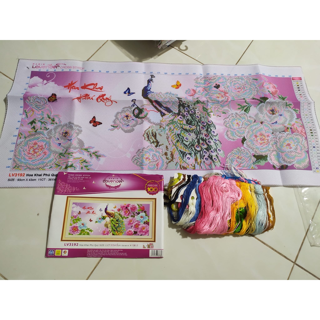 Tranh thêu hoa khai phú quý KT:93x43cm,tranh chưa thêu.Tặng kéo và xỏ chỉ.