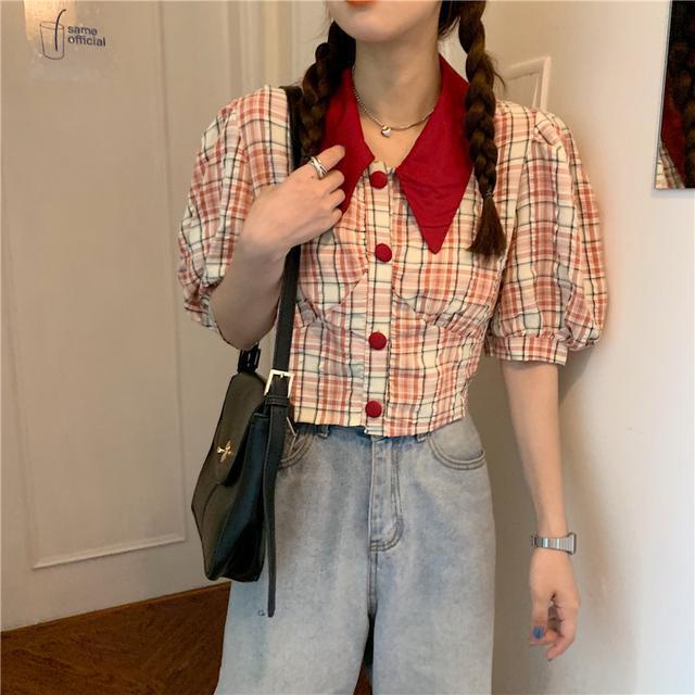 Áo Sơ Mi Tay Ngắn Phồng Cổ Búp Bê Họa Tiết Kẻ Sọc Thời Trang Mùa Hè 2022 Mới Phong Cách Hàn Quốc Cho Nữ