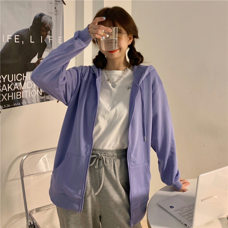 SUXI Áo Hoodie Tay Dài Dáng Rộng Màu Sắc Đơn Giản Cho Nữ