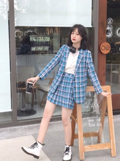 Usthebasic - Chân váy Plaid Pleated Blue Skirt