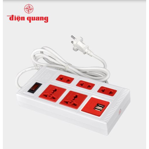 Ổ Cắm Điện Quang ECO ĐQ ESK 5ECO 2A ( 5 lỗ, 2 cổng USB 2.0A, màu trắng đỏ )