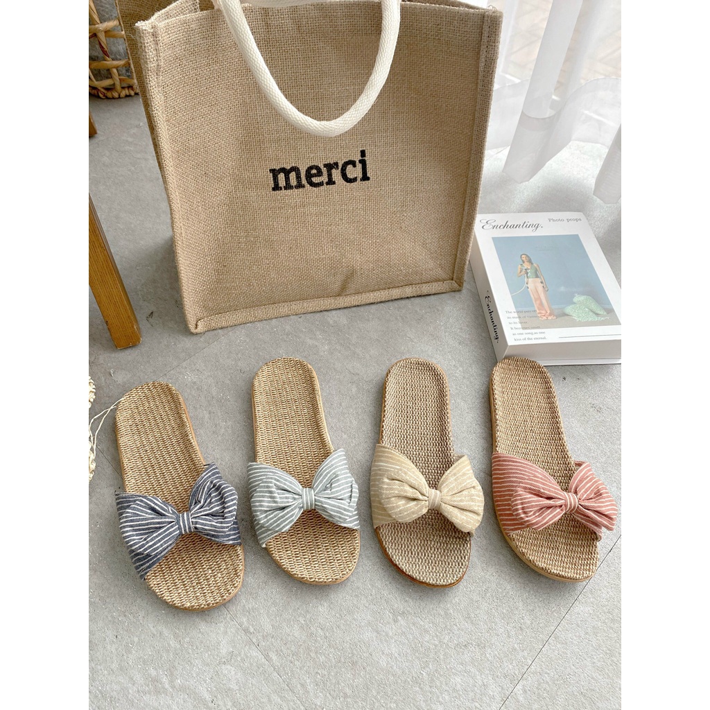 Dép nữ đế cói mùa hè quai nơ vải sọc nhẹ tênh