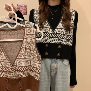 Áo gile len nữ hoạ tiết thổ cẩm cổ V phong cách Hàn Quốc trẻ trung sang chảnh