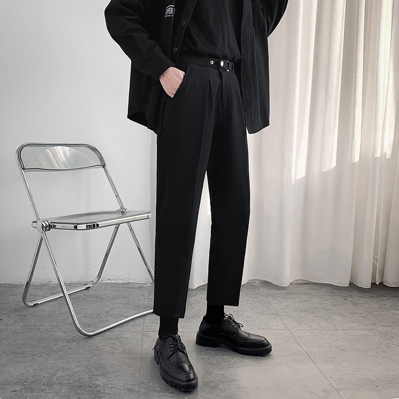 Quần âu nam cạp cao ống suông Hàn Quốc, Quần tây nam đen sidetab vải dày dặn QAK