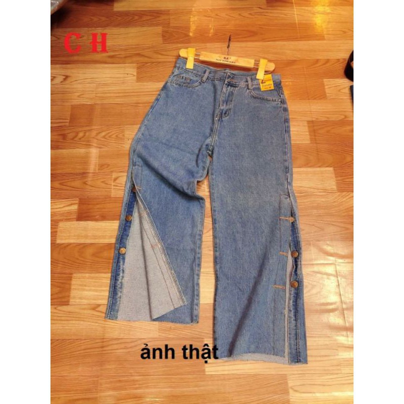 [Hàng Sẵn] Quần Jeans Nữ Ống Rộng Cạp Cao Xẻ Gấu Có Cúc Cài Dọc quần mặc được 2 kiểu cá tính phomg cách Ullzzang