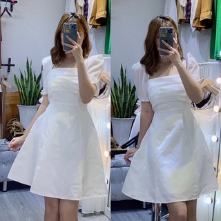 Váy trắng thiết kế tay bồng chiết eo ảnh thật shop tự chụp