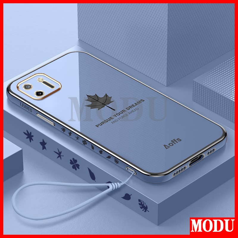 Ốp Điện Thoại Mềm Họa Tiết Lá Phong Dáng Vuông Mạ Màu Sang Trọng + Dây Đeo Cho OPPO A16K