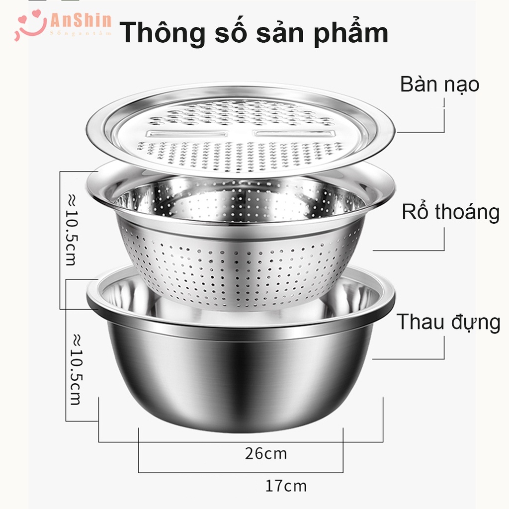 Bộ rổ, chậu kèm nạo rau củ quả inox đa năng 3in1 cao cấp - có thể dùng đun trên bếp