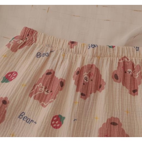 Bộ đồ ngủ tay ngắn chất liệu cotton in hình gấu trái dâu thời trang mùa hè 2021 cho nữ