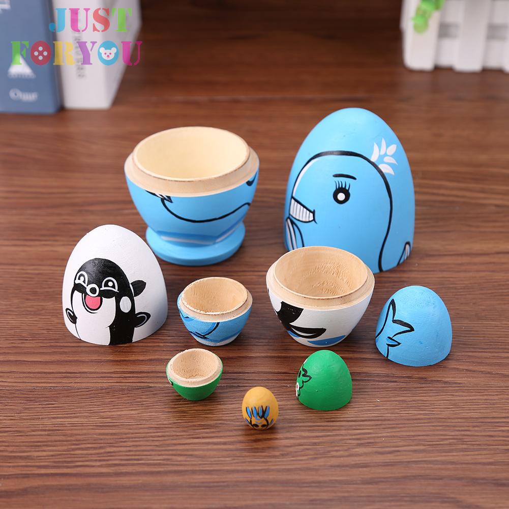 Đồ Chơi Búp Bê Nga Matryoshka Bằng Gỗ 5 Lớp Vẽ Tay Hình Cá Voi Xanh Kiểu Dân Tộc