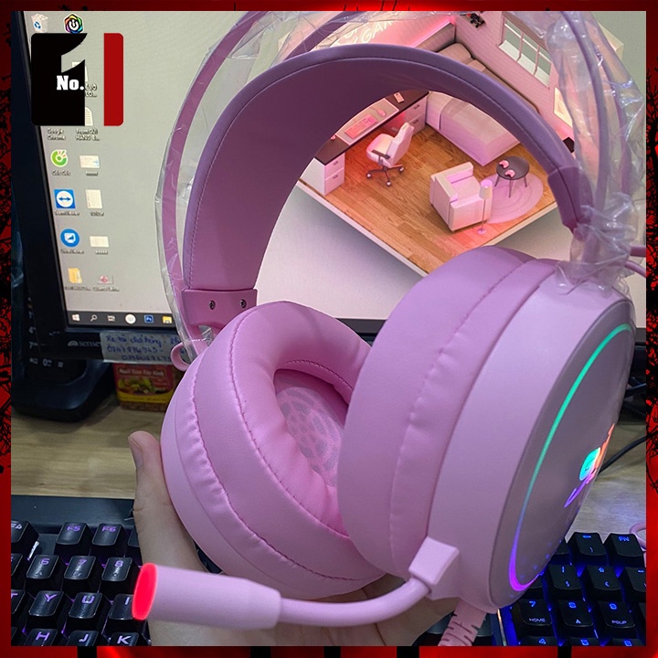Tai Nghe Headphone Gaming Chụp Tai Có Dây GNET G09 Màu Hồng Led RGB Tai Nghe Game Thủ Có Mic Máy Vi Tính Laptop Pc
