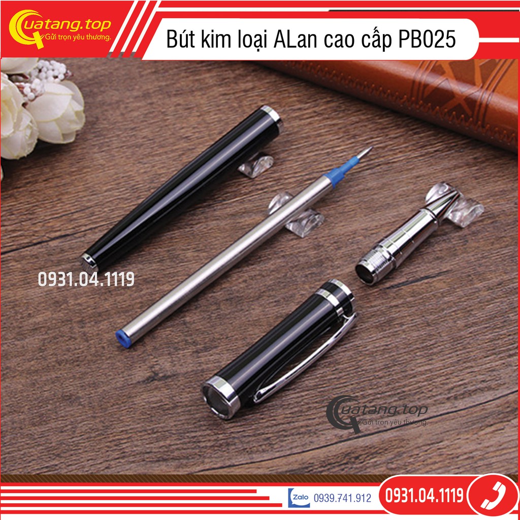 Bút ký cao cấp Alan nắp bật viền bạc PB025 ngòi bi nhọn 0.5mm Mực xanh khắc tên làm Quà tặng sếp bạn bè thầy cô giáo