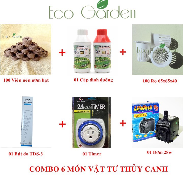 Combo 6 món Vật tư thủy canh (viên nén ươm hạt + rọ thủy canh + dung dịch thủy canh ...)